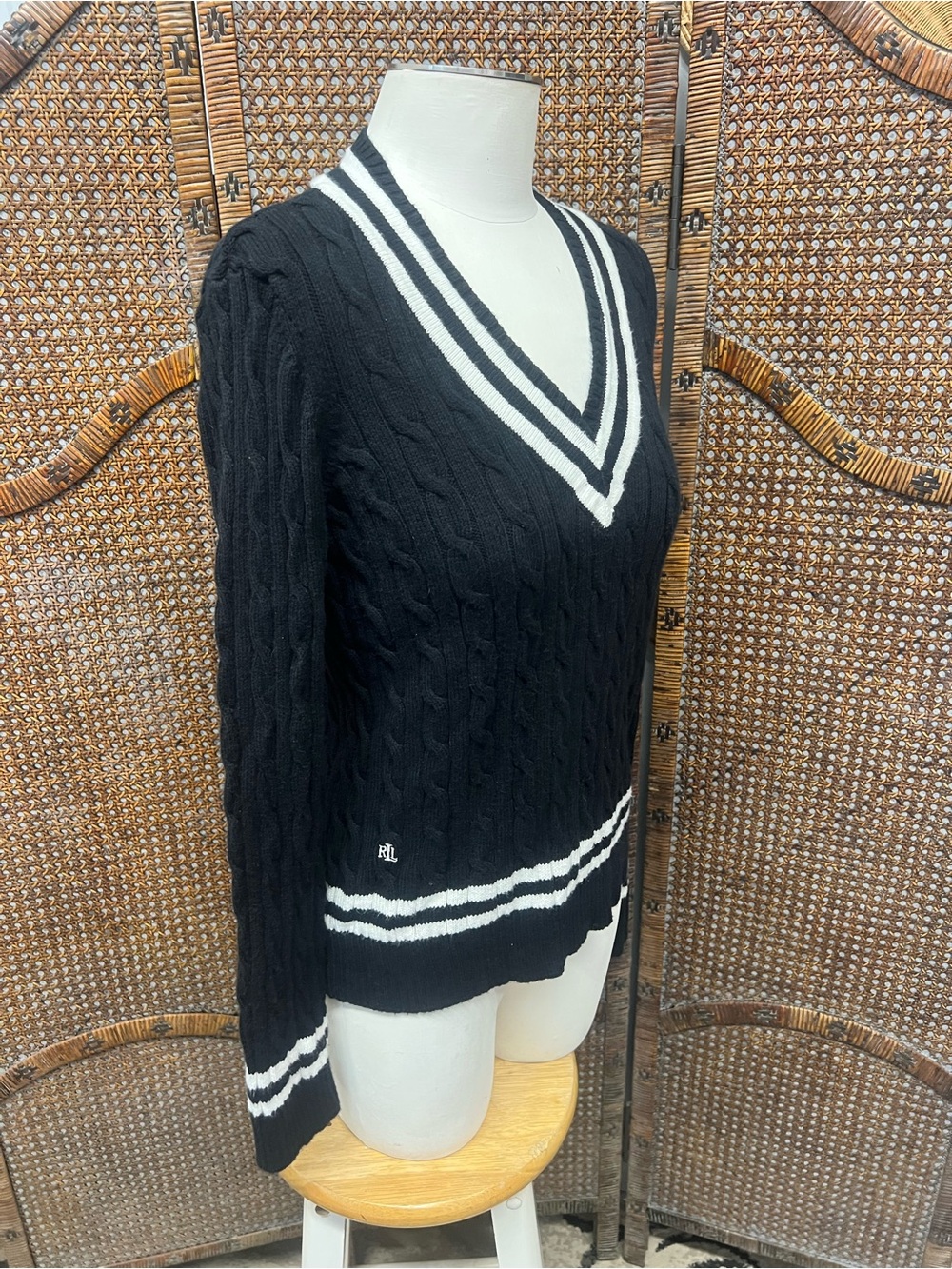 Lauren Ralph Lauren black white v neck sweater PL preppy cotton cable knit - Picture 11 of 11